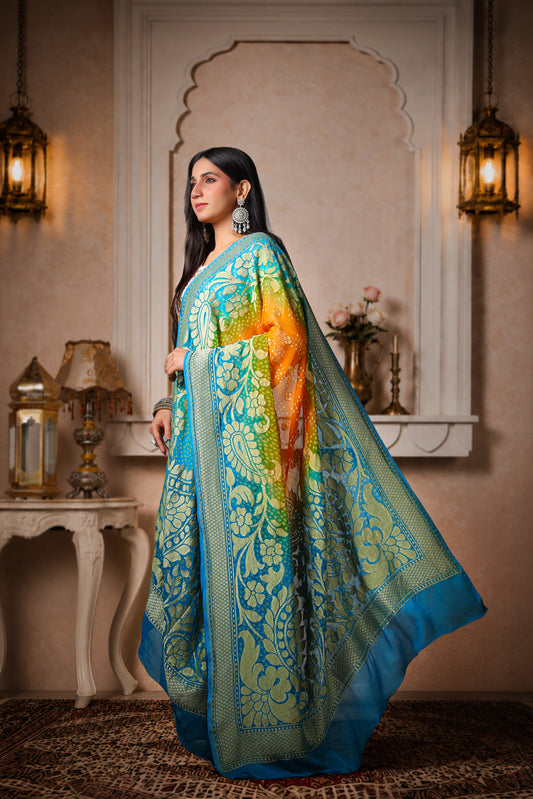 Pushpika – Pure Handwoven Silk Georgette, Rai Bandhani Dupatta with big Floral pattern