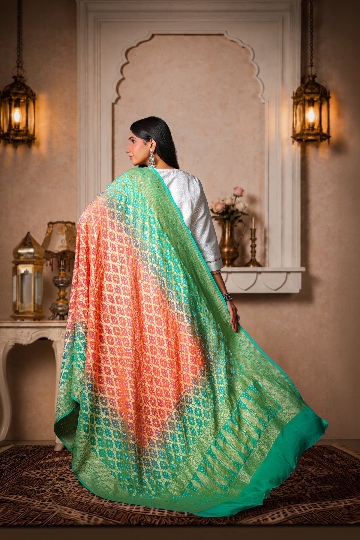 Madhumalti – Pure Handwoven Silk Georgette, Rai Bandhani Dupatta