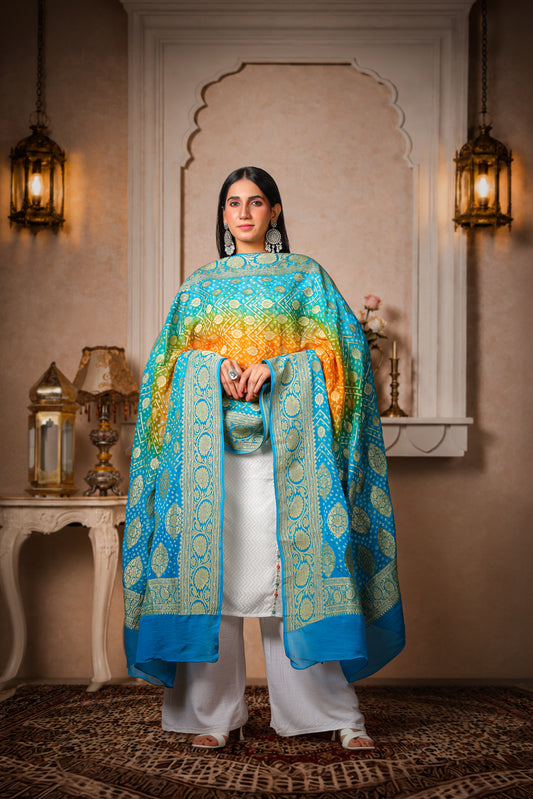 Bindu – Pure Handwoven Silk Georgette, Rai Bandhani Dupatta with Round Booti
