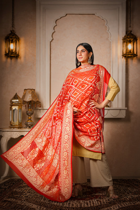 Sindoori – Pure Handwoven Silk Georgette, Rai Bandhani Dupatta