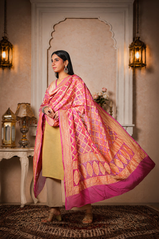 Gulnaar – Pure Handwoven Silk Georgette, Rai Bandhani Dupatta