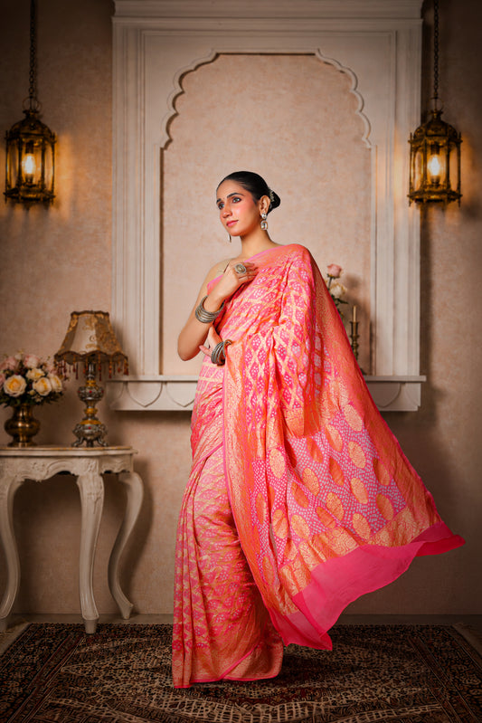 Pure Handwoven Silk Georgette, Rai Bandhani Saree, Royal Pink