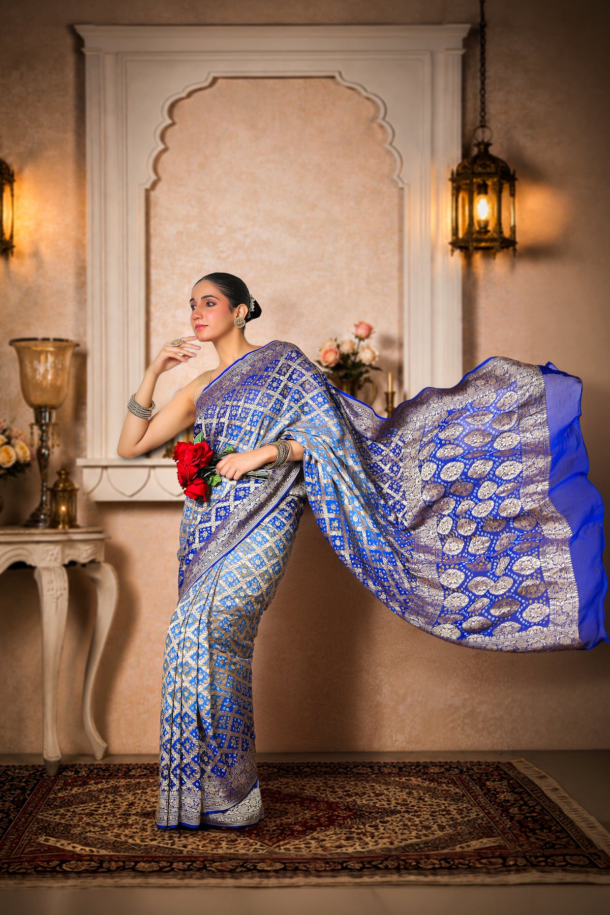 Pure Handwoven Silk Georgette, Rai Bandhani Saree, Royal Blue