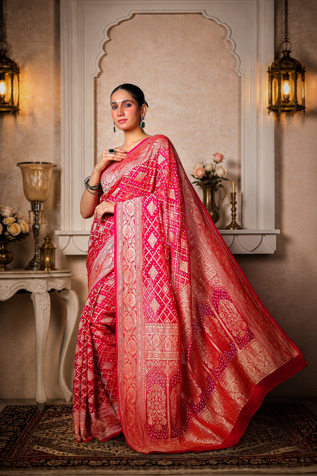 Pure Handwoven Silk Georgette, Rai Bandhani Saree, Magenta