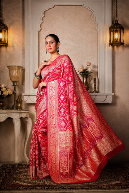 Pure Handwoven Silk Georgette, Rai Bandhani Saree, Magenta