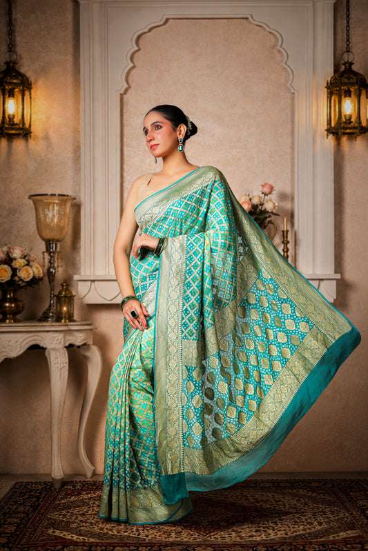 Pure Handwoven Silk Georgette Rai Bandhani Saree, Sea Green