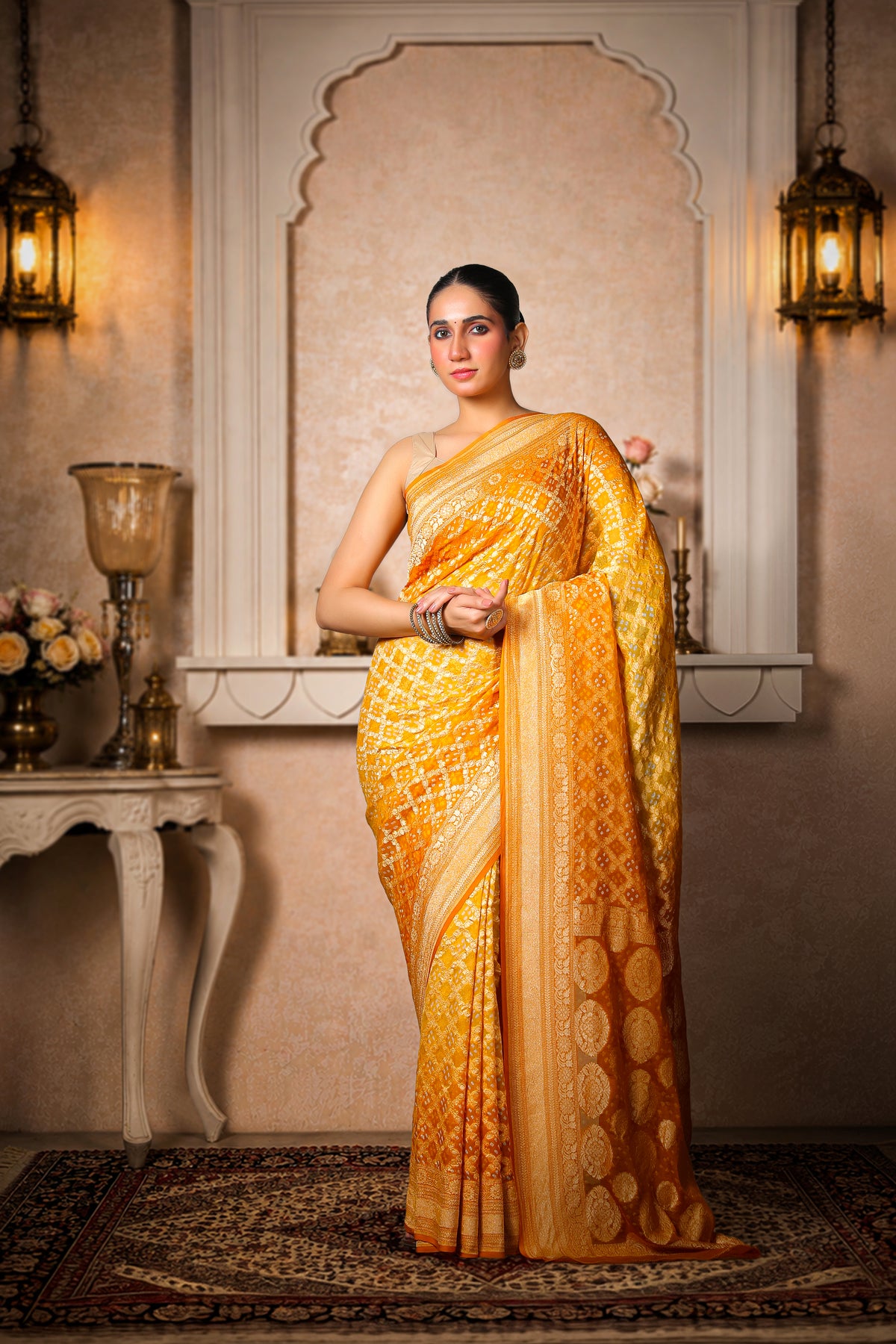 Pure Handwoven Silk Georgette, Rai Bandhani Saree, Golden Yellow