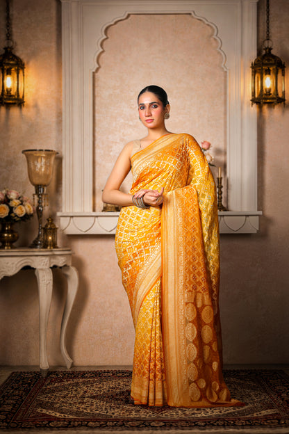 Pure Handwoven Silk Georgette, Rai Bandhani Saree, Golden Yellow