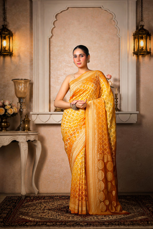 Pure Handwoven Silk Georgette, Rai Bandhani Saree, Golden Yellow