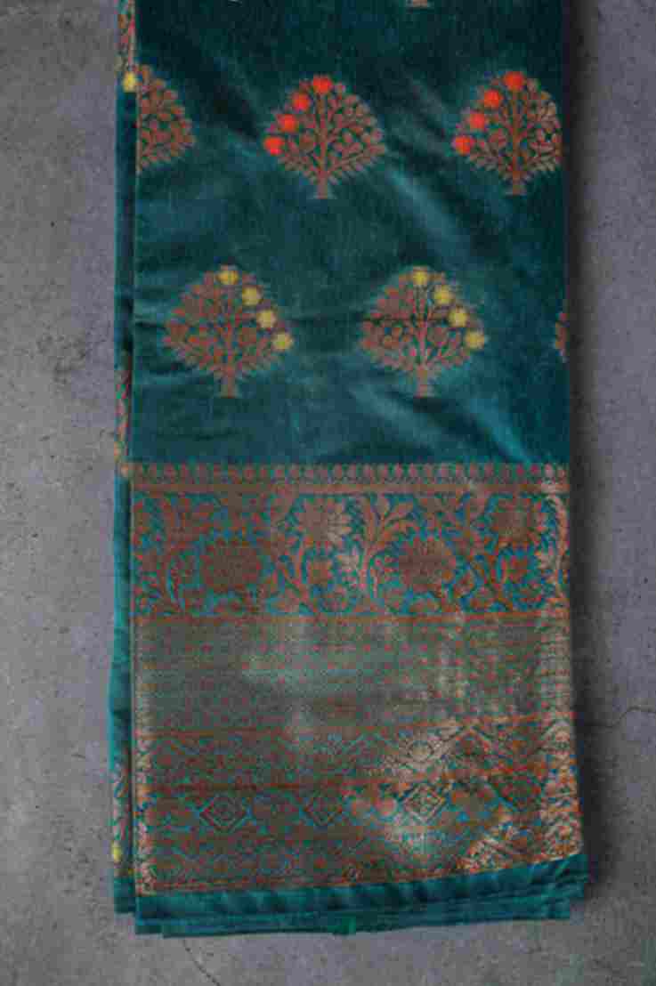 Banaras Brocade Dress Material, Rayon, Color-Teal w/Copper Zari
